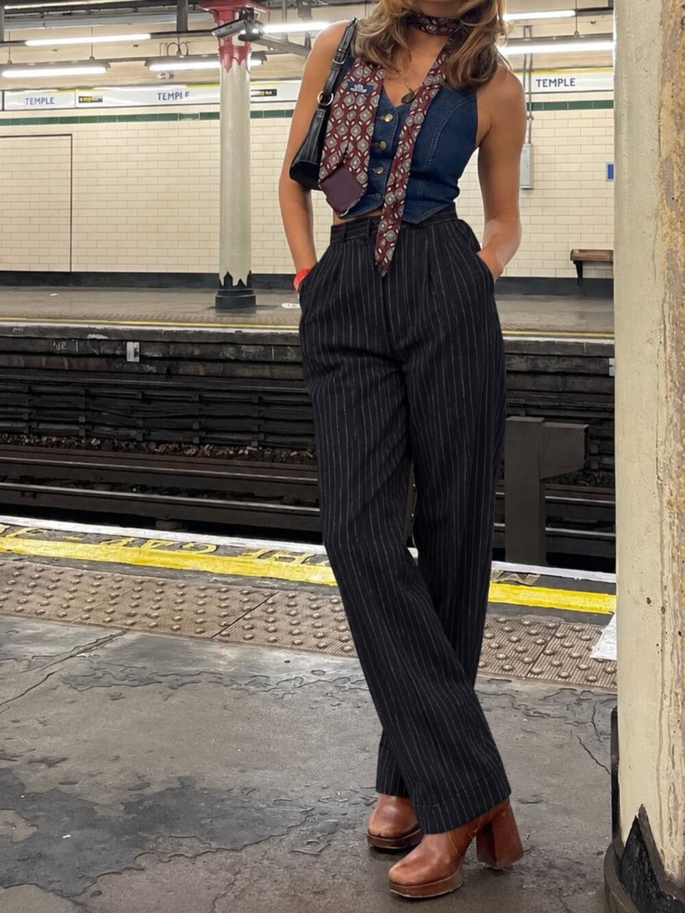 Y2K Pinstripe Dress Pants Size 14 Relaxed Fit Black White Business Casual (c1)